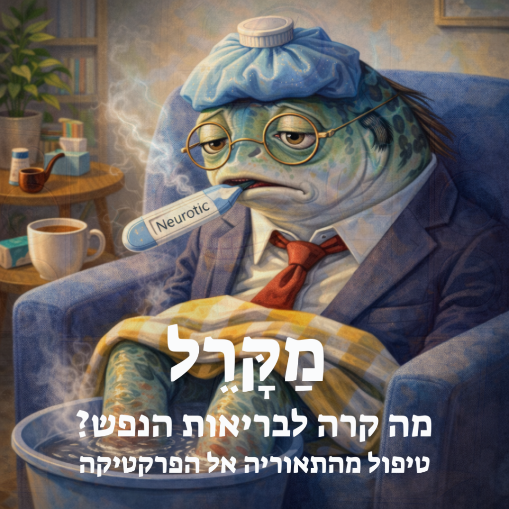 דג מקרל אנושי עם קומפרס על הראש ומדחום בפה שכתוב עליו "נוירוטי".